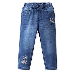 Babyhug Denim Washed Full Length Stretchable Jeans with Butterfly Embroidery -Blue
