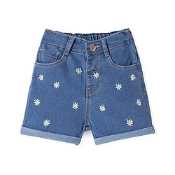 Babyhug Denim Washed Mid Thigh Length Stretchable Shorts with Floral Embroidery -Blue