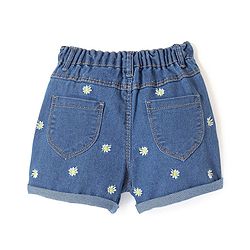 Babyhug Denim Washed Mid Thigh Length Stretchable Shorts with Floral Embroidery -Blue