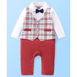 Babyhug Cotton Knit Full Sleeves Party Romper Checkered - Red & White