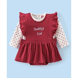 Babyhug 100% Cotton Full Sleeves Inner Tee with Frock Style Onesie with Headband Text Printed - Red