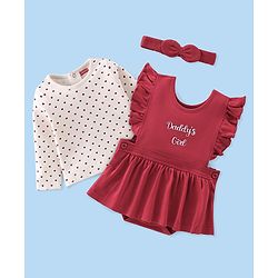 Babyhug 100% Cotton Full Sleeves Inner Tee with Frock Style Onesie with Headband Text Printed - Red