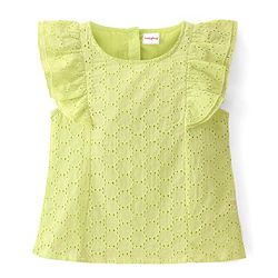 Babyhug Cotton Woven Frill Sleeves Top with Schiffli Detailing - Lime Green