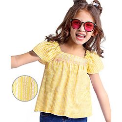 Babyhug Half Sleeves Striped Top With Smocking & Lace Detailing - Yellow