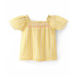 Babyhug Half Sleeves Striped Top With Smocking & Lace Detailing - Yellow