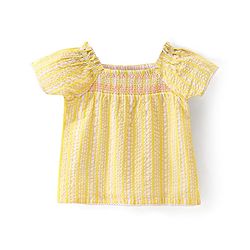 Babyhug Half Sleeves Striped Top With Smocking & Lace Detailing - Yellow