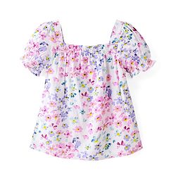 Babyhug Rayon Woven Half Sleeves Top with Smocking Detailing & Floral Print - White & Pink