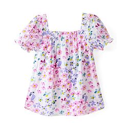 Babyhug Rayon Woven Half Sleeves Top with Smocking Detailing & Floral Print - White & Pink