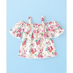 Babyhug Rayon Cold Shoulder Half Sleeves Floral & Lace Detailing Top - Offwhite