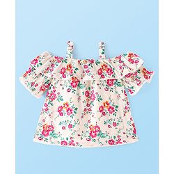 Babyhug Rayon Cold Shoulder Half Sleeves Floral & Lace Detailing Top - Offwhite