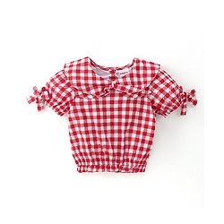 Babyhug Half Sleeves Checkered Top with Bow Detailing - Red & White