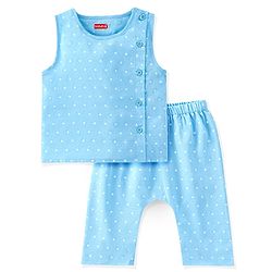 Babyhug Cotton Woven Sleeveless Jhabla & Full Length Pajama Set With Star Print - Blue