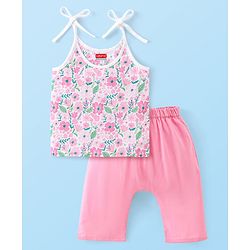 Babyhug 100% Cotton Woven Sleeveless Jhabla & Pajama Set Floral Print - Pink