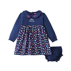 Babyhug 100% Cotton Jersey Knit Full Sleeves Frock With Bloomer Floral Print - Navy Blue