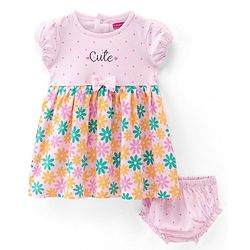Babyhug 100% Cotton Jersey Knit Half Sleeves Frock With Bloomer Floral Print - Pink