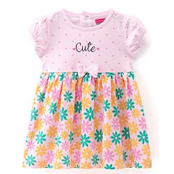 Babyhug 100% Cotton Jersey Knit Half Sleeves Frock With Bloomer Floral Print - Pink
