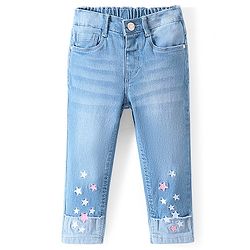 Babyhug Cotton Spandex Full Length Washed Stretchable Denim Jeans with Star Embroidery - Blue