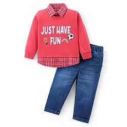 Babyhug Cotton Knit Full Sleeves Collared Overlap T-Shirt & Denim Pants Set With Text Print - Red & Blue
