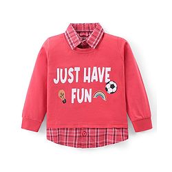 Babyhug Cotton Knit Full Sleeves Collared Overlap T-Shirt & Denim Pants Set With Text Print - Red & Blue