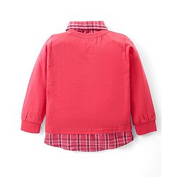 Babyhug Cotton Knit Full Sleeves Collared Overlap T-Shirt & Denim Pants Set With Text Print - Red & Blue