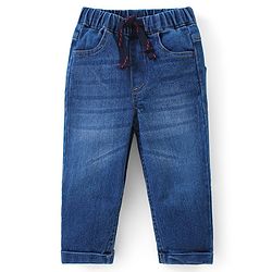 Babyhug Cotton Knit Full Sleeves Collared Overlap T-Shirt & Denim Pants Set With Text Print - Red & Blue