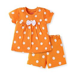 Babyhug Single Jersey Half Sleeves Polka Dots Printed Night Suit with Bow Applique - Orange