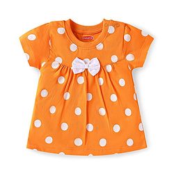 Babyhug Single Jersey Half Sleeves Polka Dots Printed Night Suit with Bow Applique - Orange
