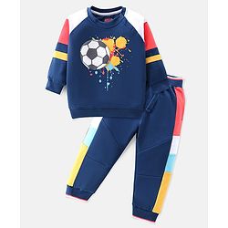 Babyhug 100% Cotton Knit Full Sleeves T-Shirt & Lounge Pant With Football Print - Navy Blue