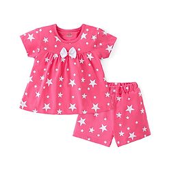 Babyhug Cotton Knit Half Sleeves Night Suit Stars Printed & Bow Applique - Pink