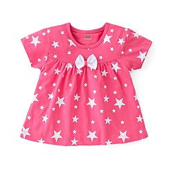 Babyhug Cotton Knit Half Sleeves Night Suit Stars Printed & Bow Applique - Pink