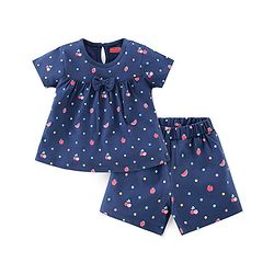 Babyhug Single Jersey Knit Half Sleeves Night Suit Fruits Printed with Bow Applique - Navy Blue