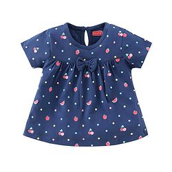 Babyhug Single Jersey Knit Half Sleeves Night Suit Fruits Printed with Bow Applique - Navy Blue