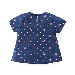 Babyhug Single Jersey Knit Half Sleeves Night Suit Fruits Printed with Bow Applique - Navy Blue