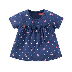 Babyhug Single Jersey Knit Half Sleeves Night Suit Fruits Printed with Bow Applique - Navy Blue