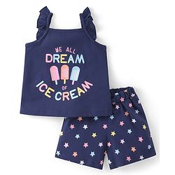 Babyhug Cotton Single Jersey Knit Frill Sleeves Night Suit Star & Ice Cream Print- Navy Blue