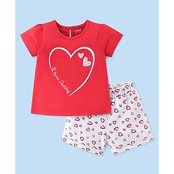 Babyhug Cotton Knit Half Sleeves Night Suit with Heart Print - Red & White