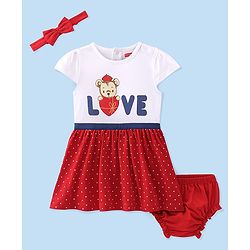 Babyhug  Cotton Jersey Knit Half Sleeves Frock with Bloomer & Headband Teddy & Text Print - Red & White