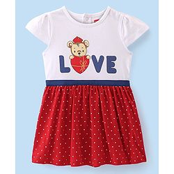 Babyhug  Cotton Jersey Knit Half Sleeves Frock with Bloomer & Headband Teddy & Text Print - Red & White