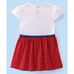 Babyhug  Cotton Jersey Knit Half Sleeves Frock with Bloomer & Headband Teddy & Text Print - Red & White