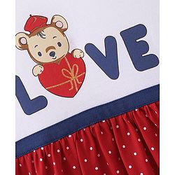 Babyhug  Cotton Jersey Knit Half Sleeves Frock with Bloomer & Headband Teddy & Text Print - Red & White