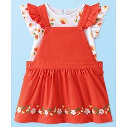 Babyhug Cotton Woven Corduroy Frock with Knit & Frill Sleeves Inner Tee  Floral Print & Embroidery -Orange & White