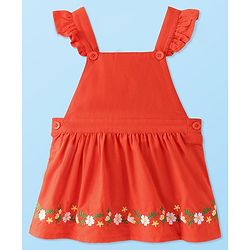 Babyhug Cotton Woven Corduroy Frock with Knit & Frill Sleeves Inner Tee  Floral Print & Embroidery -Orange & White