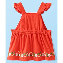Babyhug Cotton Woven Corduroy Frock with Knit & Frill Sleeves Inner Tee  Floral Print & Embroidery -Orange & White