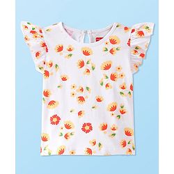 Babyhug Cotton Woven Corduroy Frock with Knit & Frill Sleeves Inner Tee  Floral Print & Embroidery -Orange & White