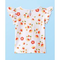 Babyhug Cotton Woven Corduroy Frock with Knit & Frill Sleeves Inner Tee  Floral Print & Embroidery -Orange & White