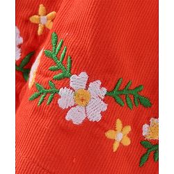 Babyhug Cotton Woven Corduroy Frock with Knit & Frill Sleeves Inner Tee  Floral Print & Embroidery -Orange & White