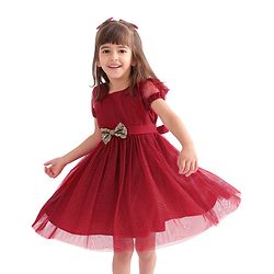 Babyhug Half Sleeves Party Frock with Glitter Detailing & Bow Applique - Red