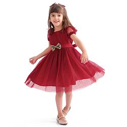 Babyhug Half Sleeves Party Frock with Glitter Detailing & Bow Applique - Red