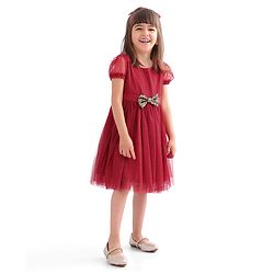 Babyhug Half Sleeves Party Frock with Glitter Detailing & Bow Applique - Red