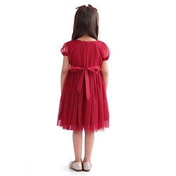Babyhug Half Sleeves Party Frock with Glitter Detailing & Bow Applique - Red